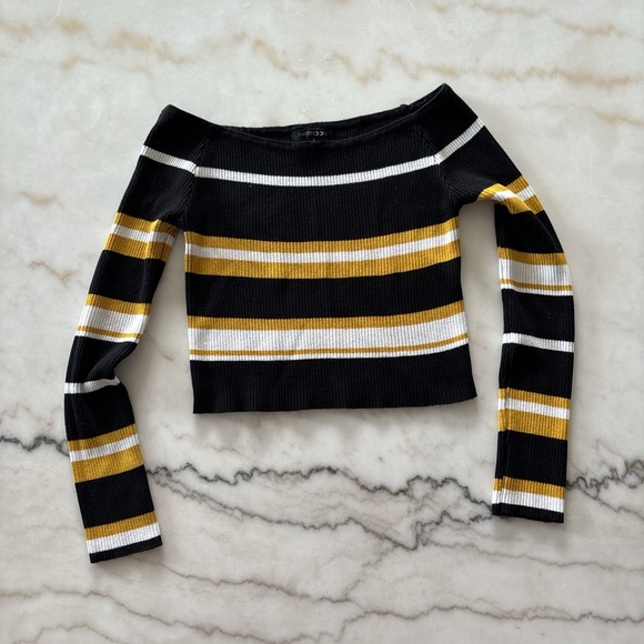 Papermoon Tops - Papermoon Black and yellow striped off the shoulder crop top long sleeve